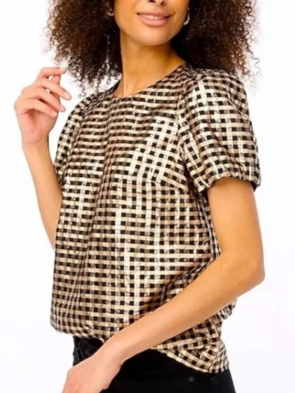 NWT J.Crew Factory Lurex Metallic Threads Puff-Sleeve Top Black Gold XXL